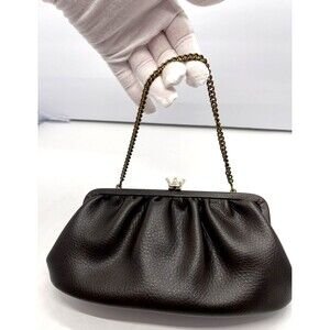 Vintage Black Leather  Clutch Purse handbag w artful crown clasp w chain handle
